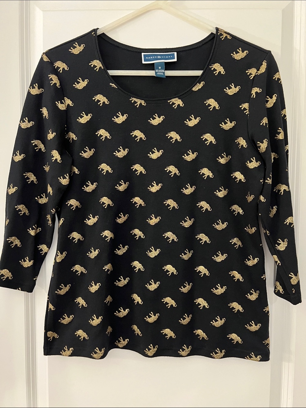 Karen Scott Black 3/4-Sleeve Top with Gold Elephant Motif